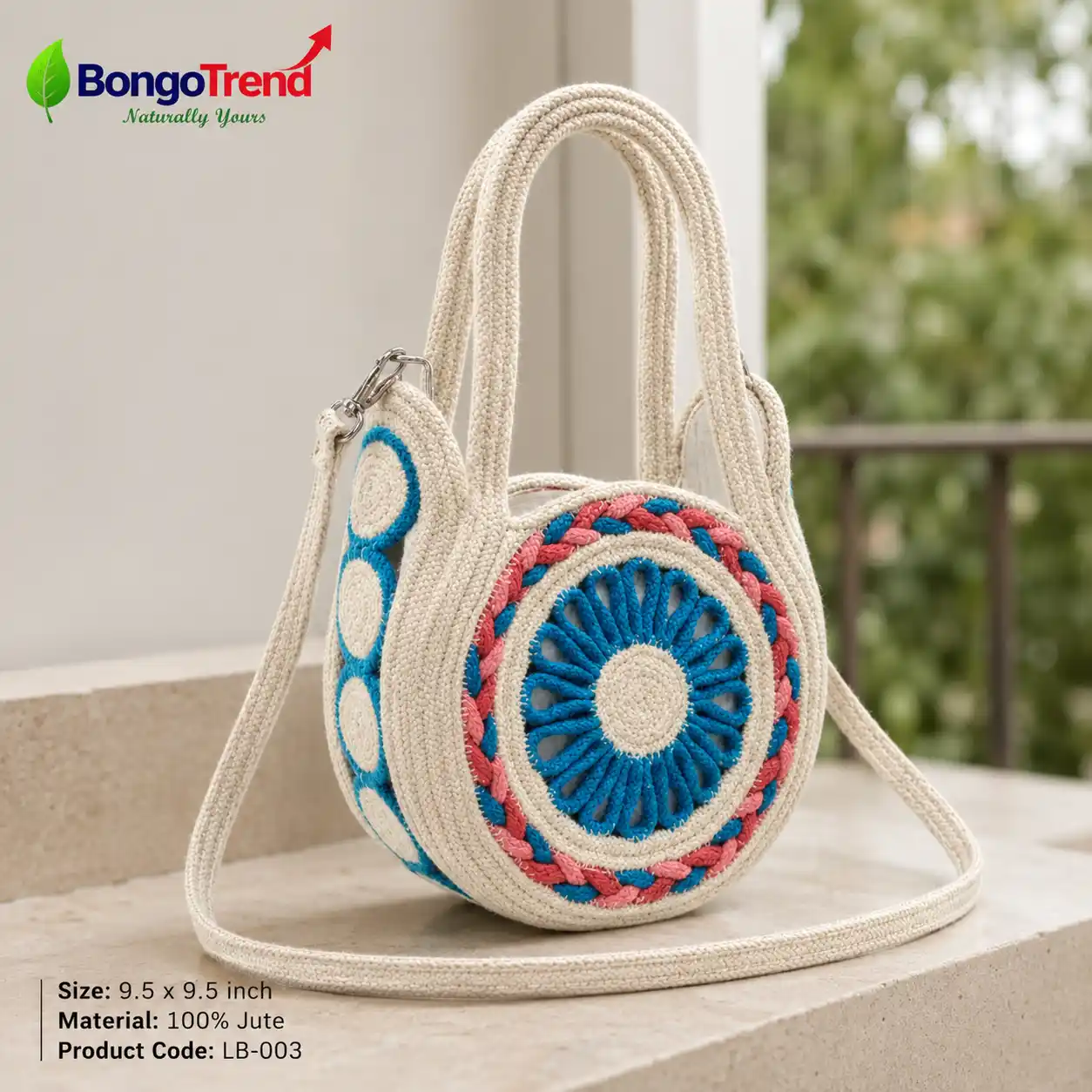 Round Mandala Embroidered Jute Crossbody Bag – White, Blue & Pink