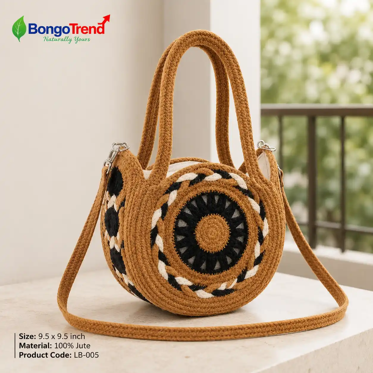 BongoTrend Round Jute Crossbody Bag – Mustard, Black & White
