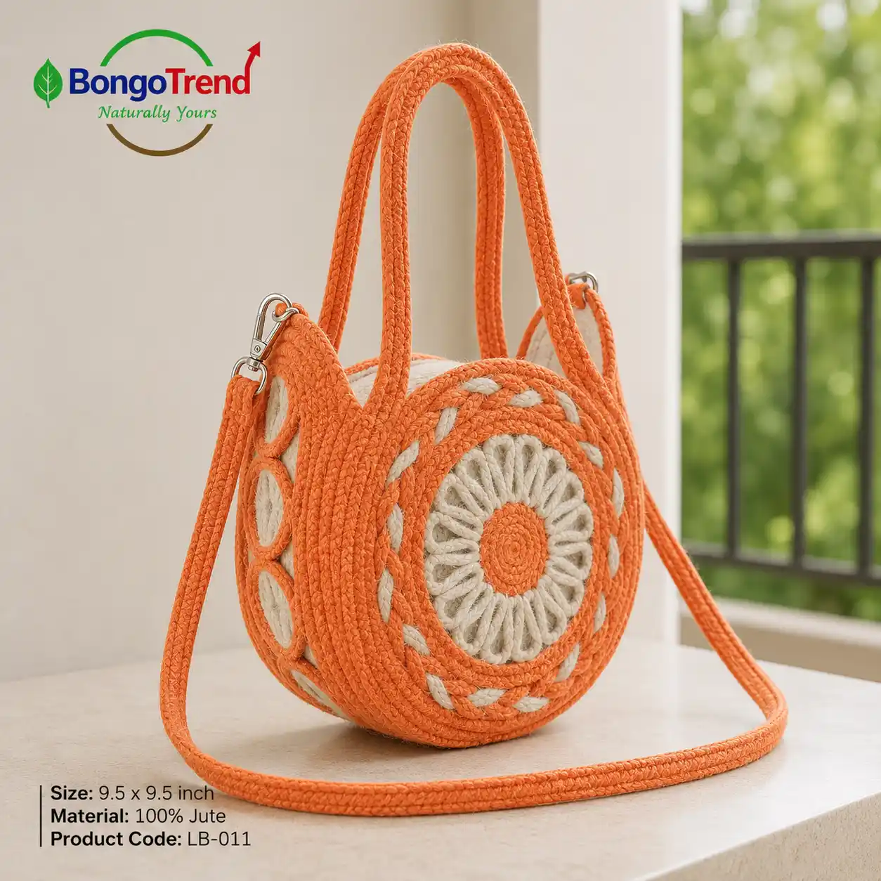 BongoTrend Round Jute Crossbody Bag – Orange & White