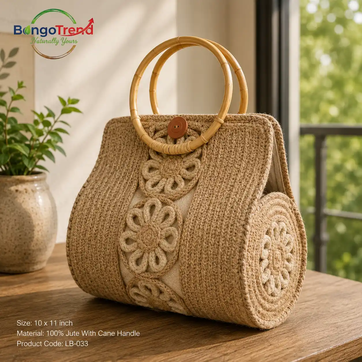 BongoTrend Woven Flower Jute Bag with Cane Handle