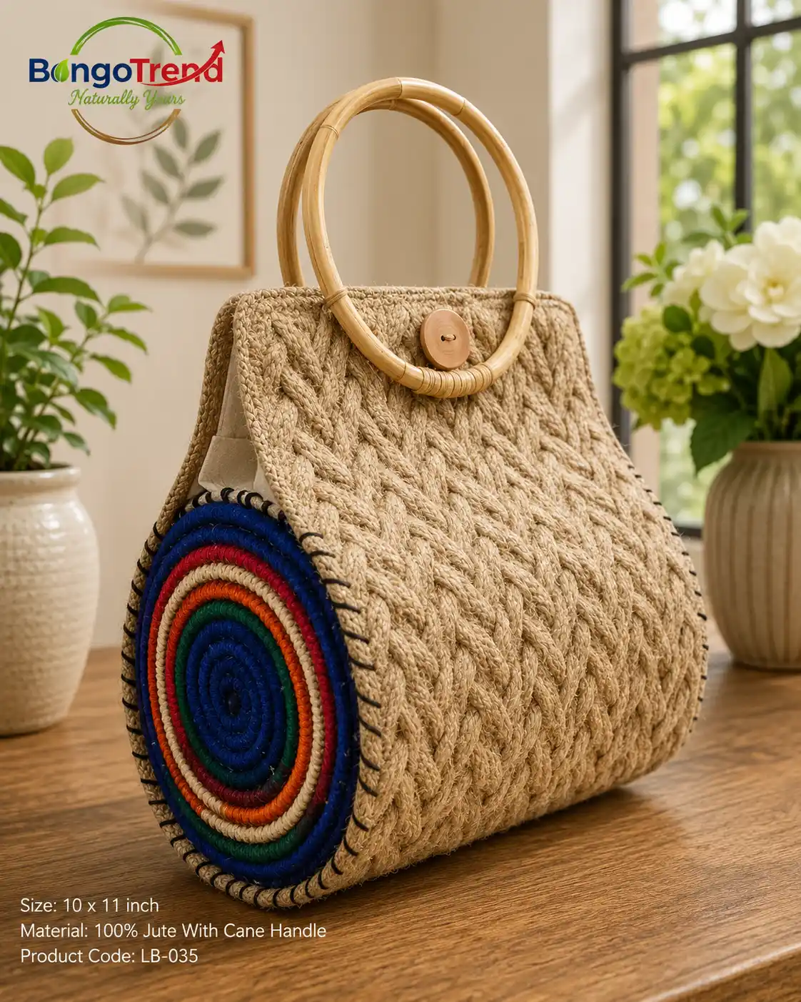 BongoTrend Cable Knit Jute Bag with Rainbow Medallion