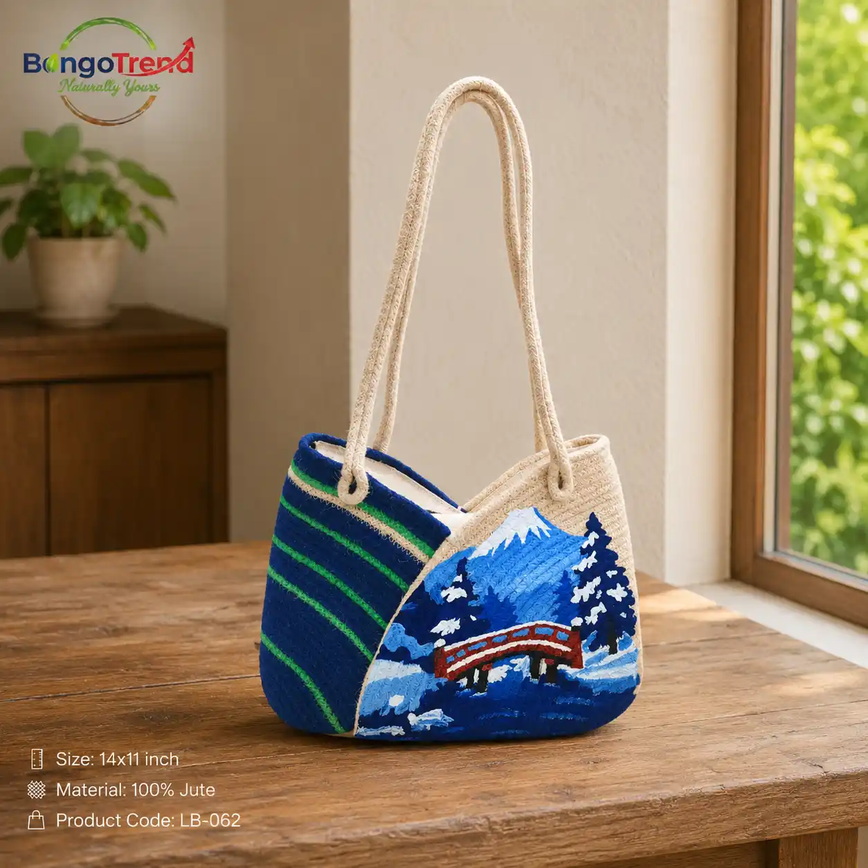 BongoTrend Blue Winter Bridge Scenery Hand-Painted Jute Bag