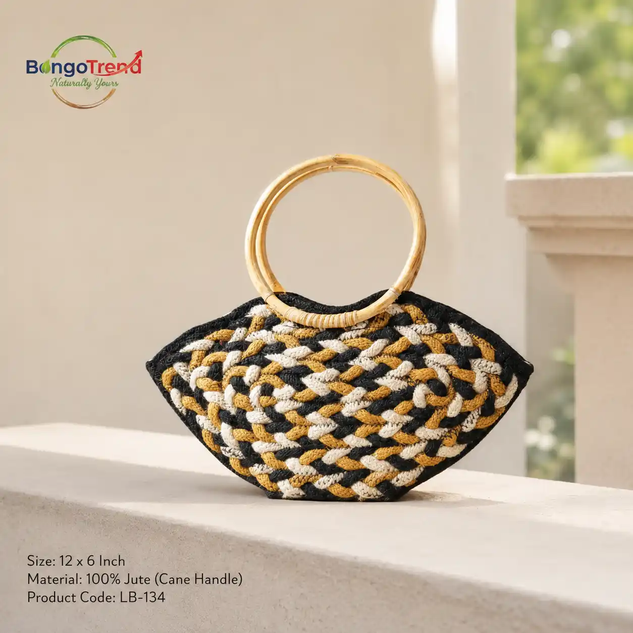 BongoTrend Woven Braid Half-Moon Jute Handbag with Cane Handles