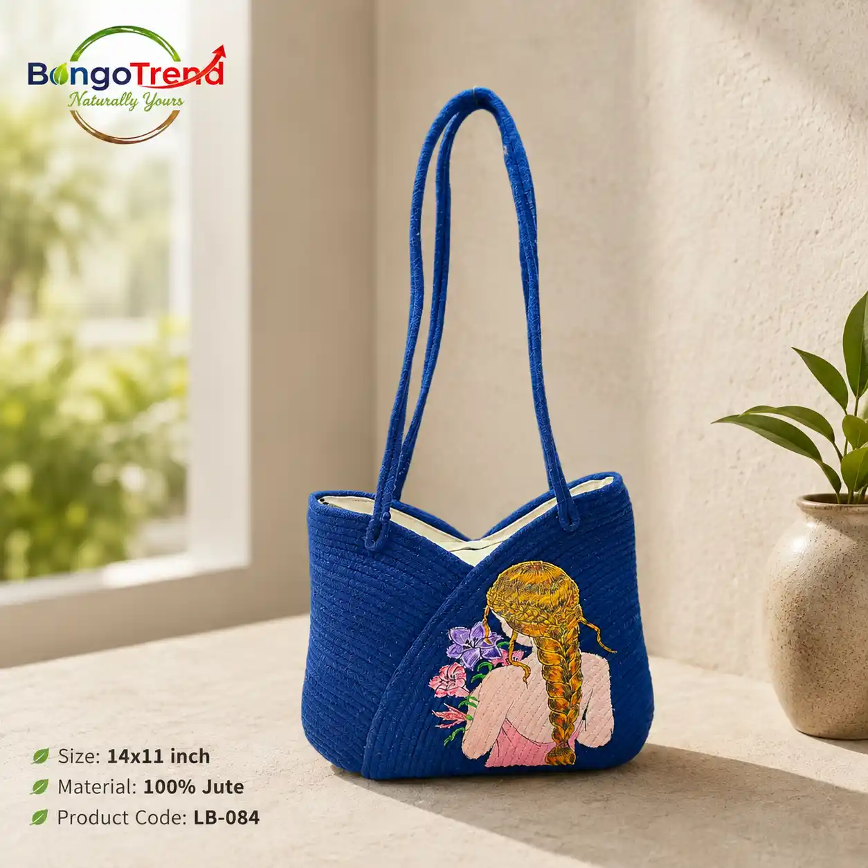 BongoTrend Hand-Painted Girl Floral Jute Shoulder Bag