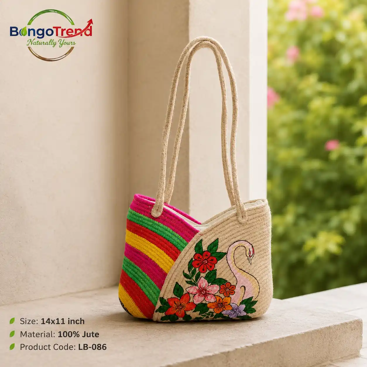 BongoTrend Hand-Painted Swan Floral Jute Bag
