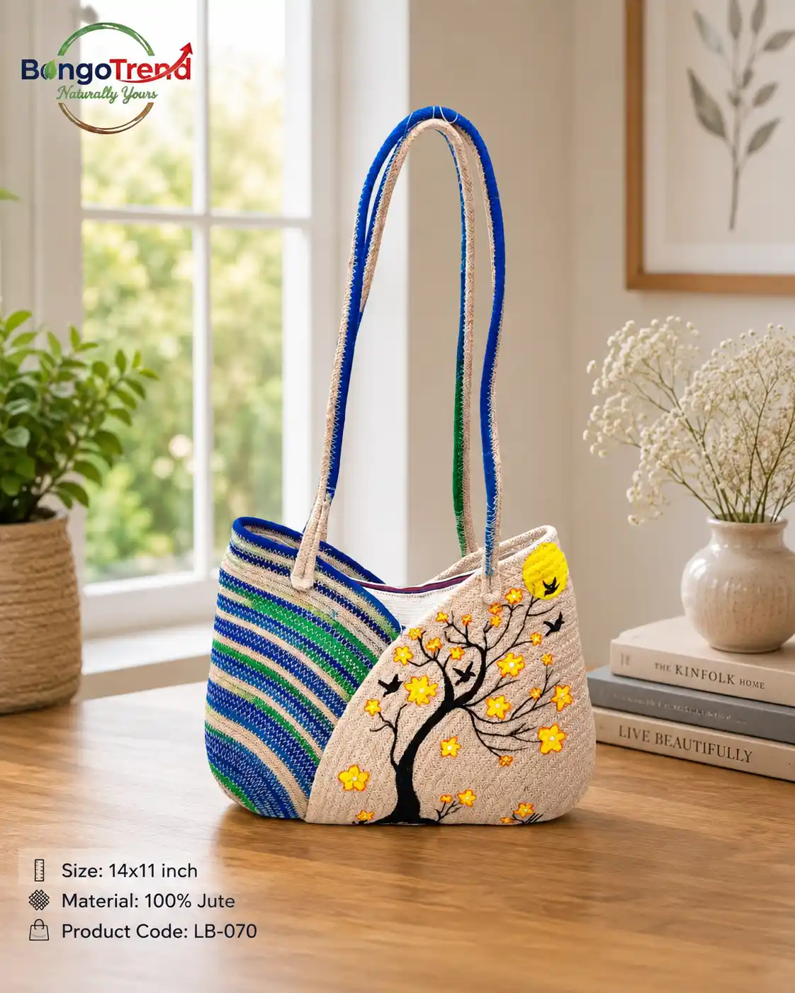 BongoTrend Hand-Painted Cherry Blossom Jute Bag