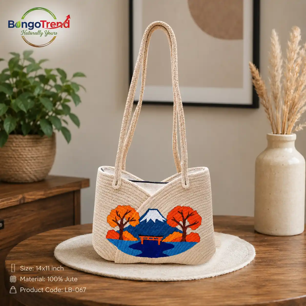 BongoTrend Mt. Fuji Embroidered Jute Bag For Women