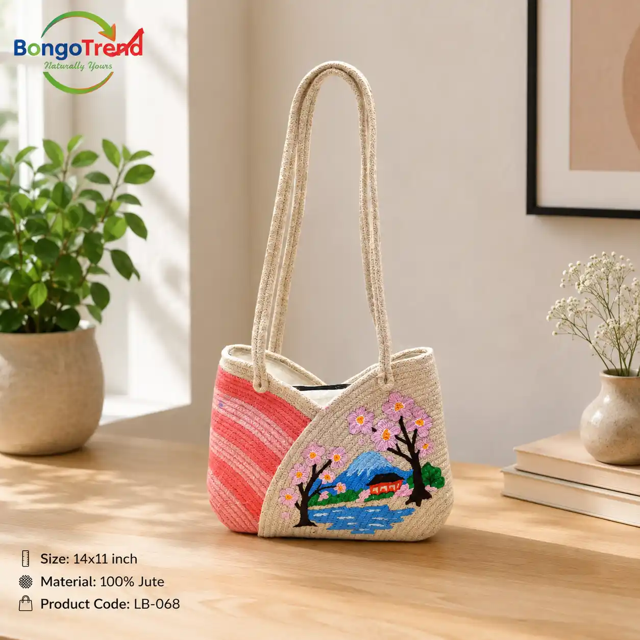 Cherry Blossom Cottage Embroidered Jute Bag