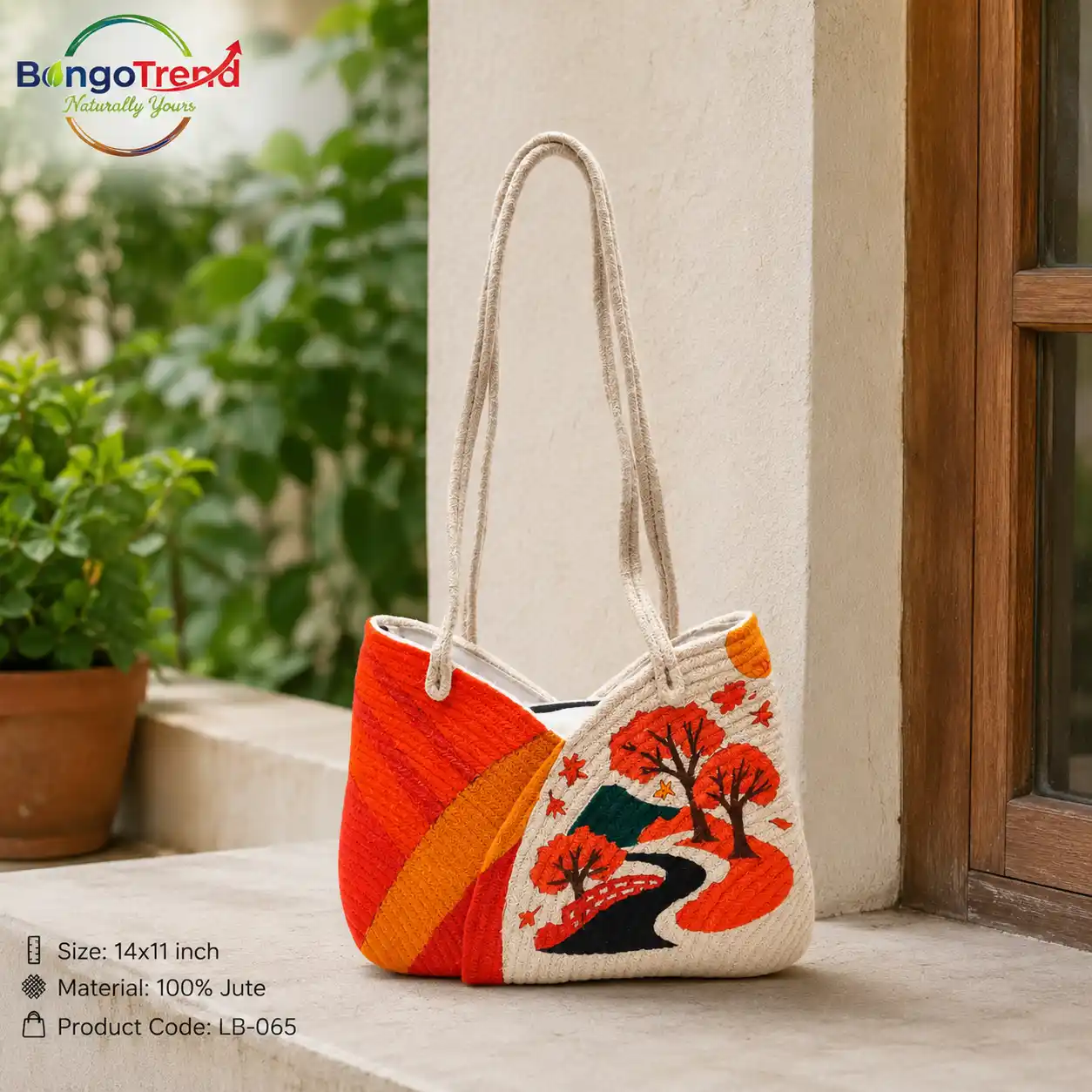 BongoTrend Autumn Maple Embroidered Jute Bag For Women