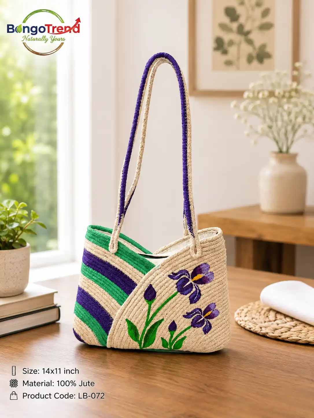 BongoTrend Purple Iris Embroidered Jute Bag For Women