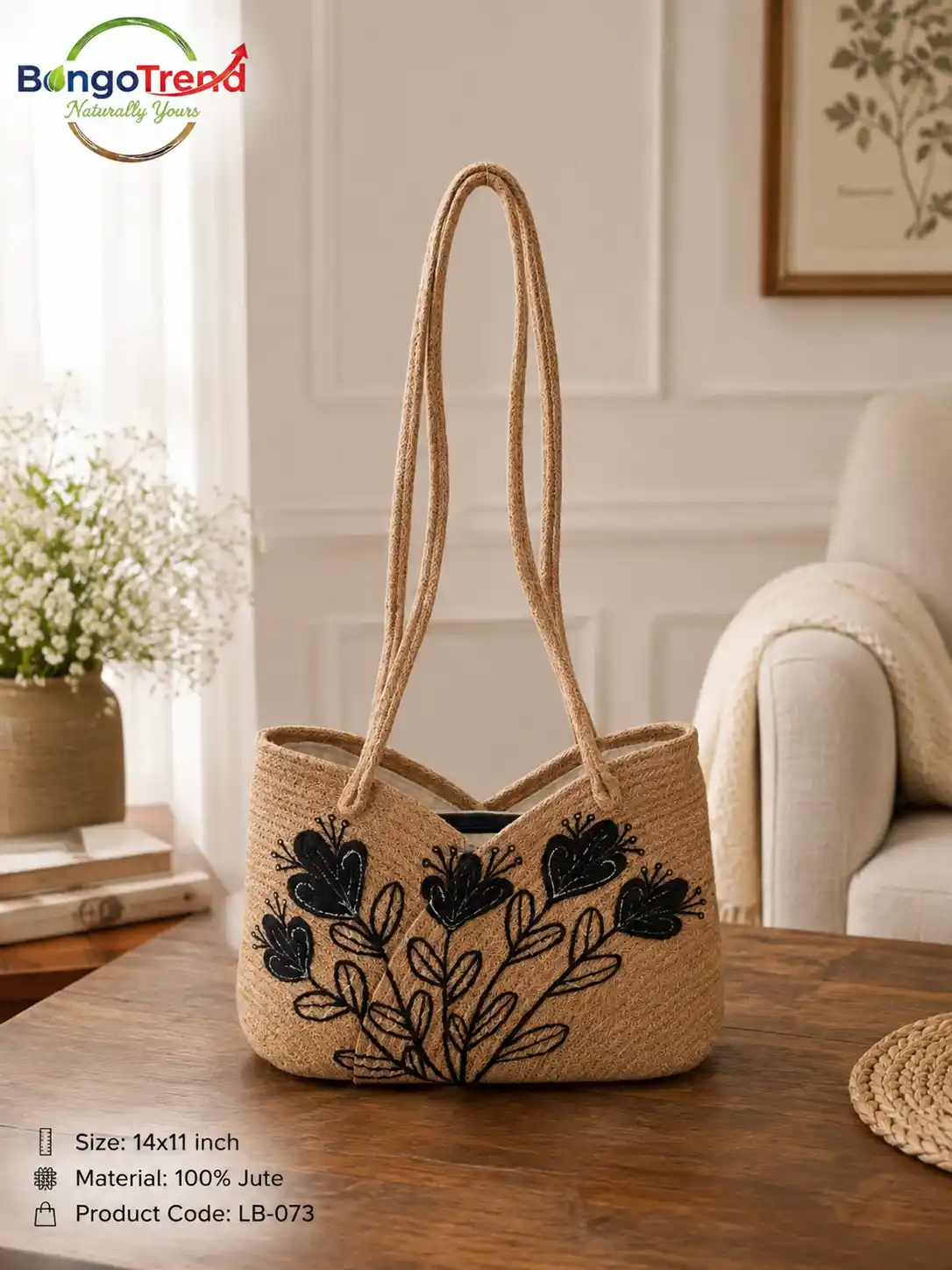 BongoTrend Black Floral Hand-Painted Jute Bag For Women