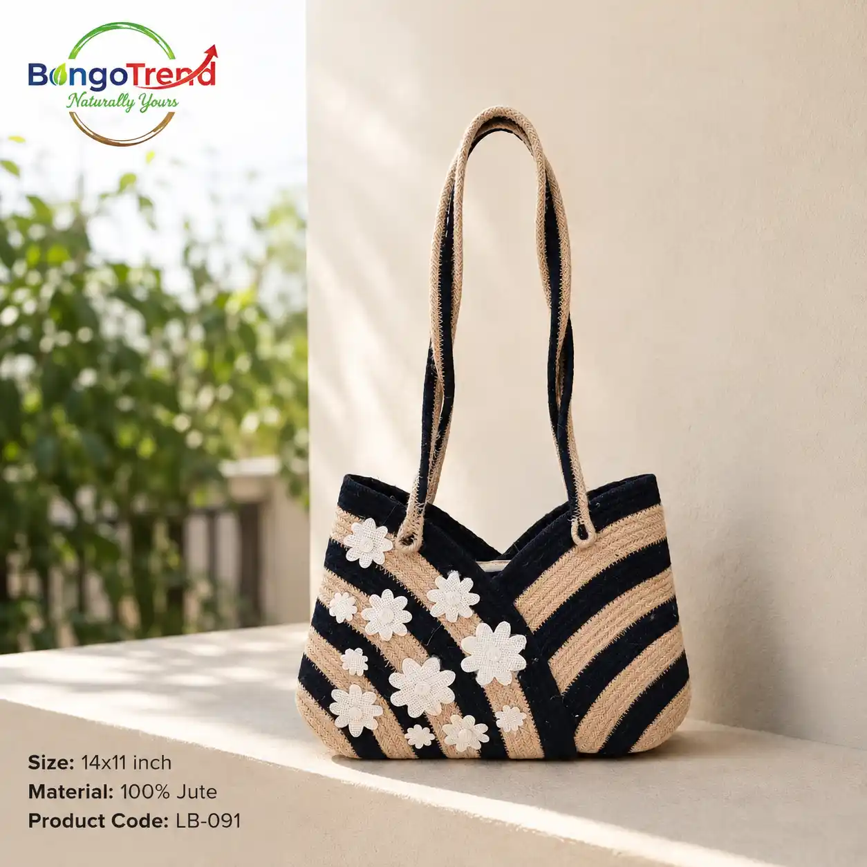 BongoTrend Black & Beige Striped Floral Applique Jute Bag For Women