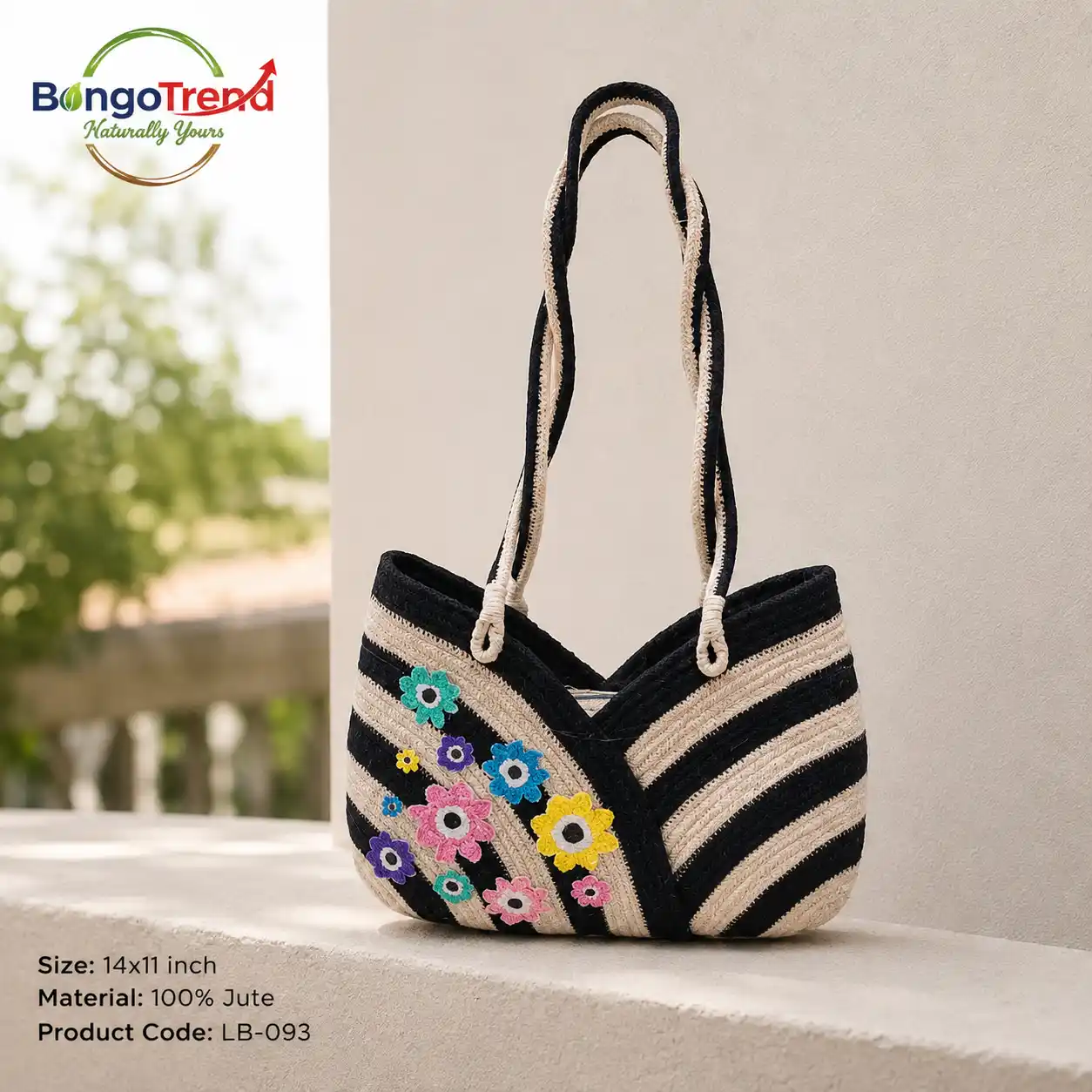 BongoTrend Multicolor Floral Applique Striped Jute Bag For Women