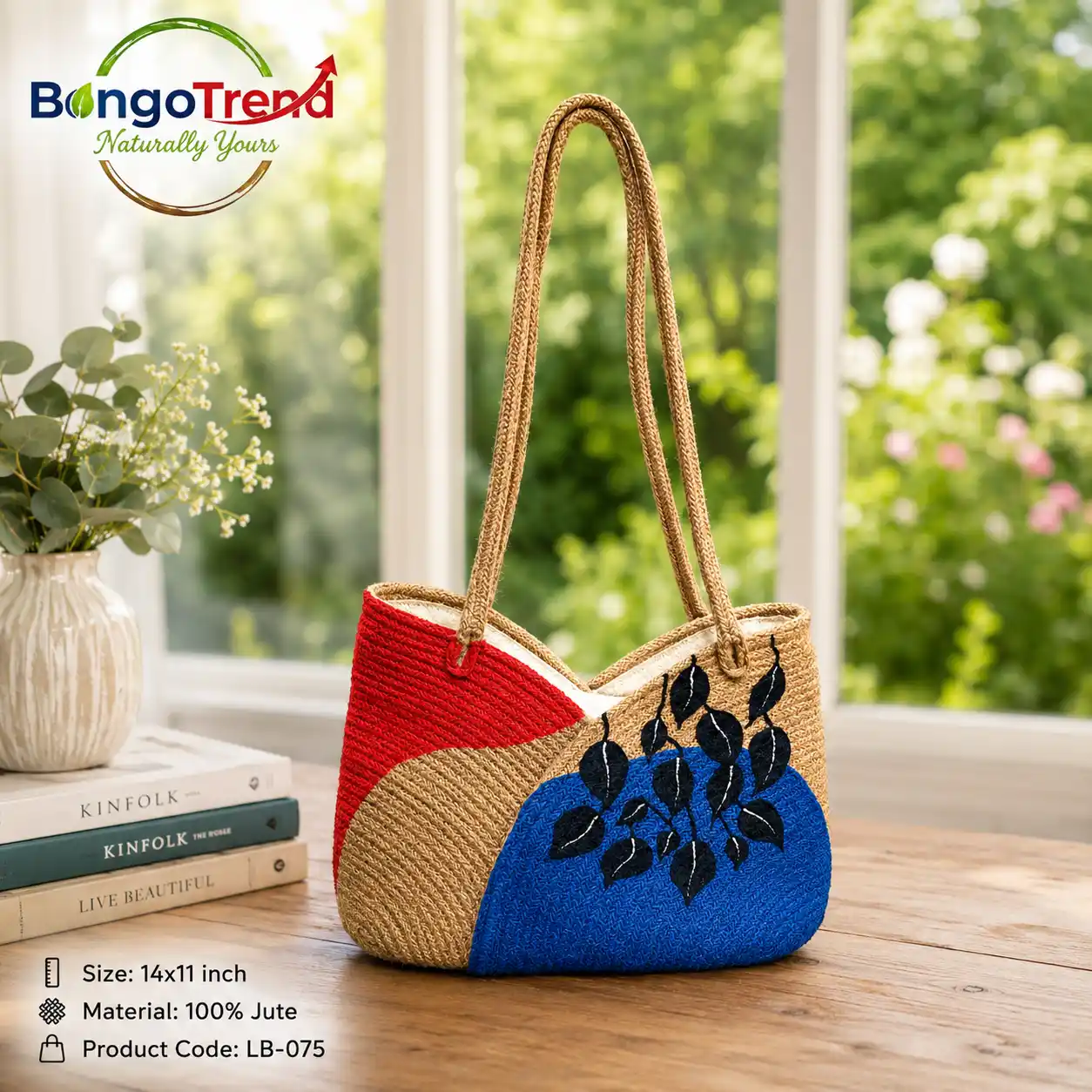 BongoTrend Color Block Leaf Hand-Painted Jute Bag For Women