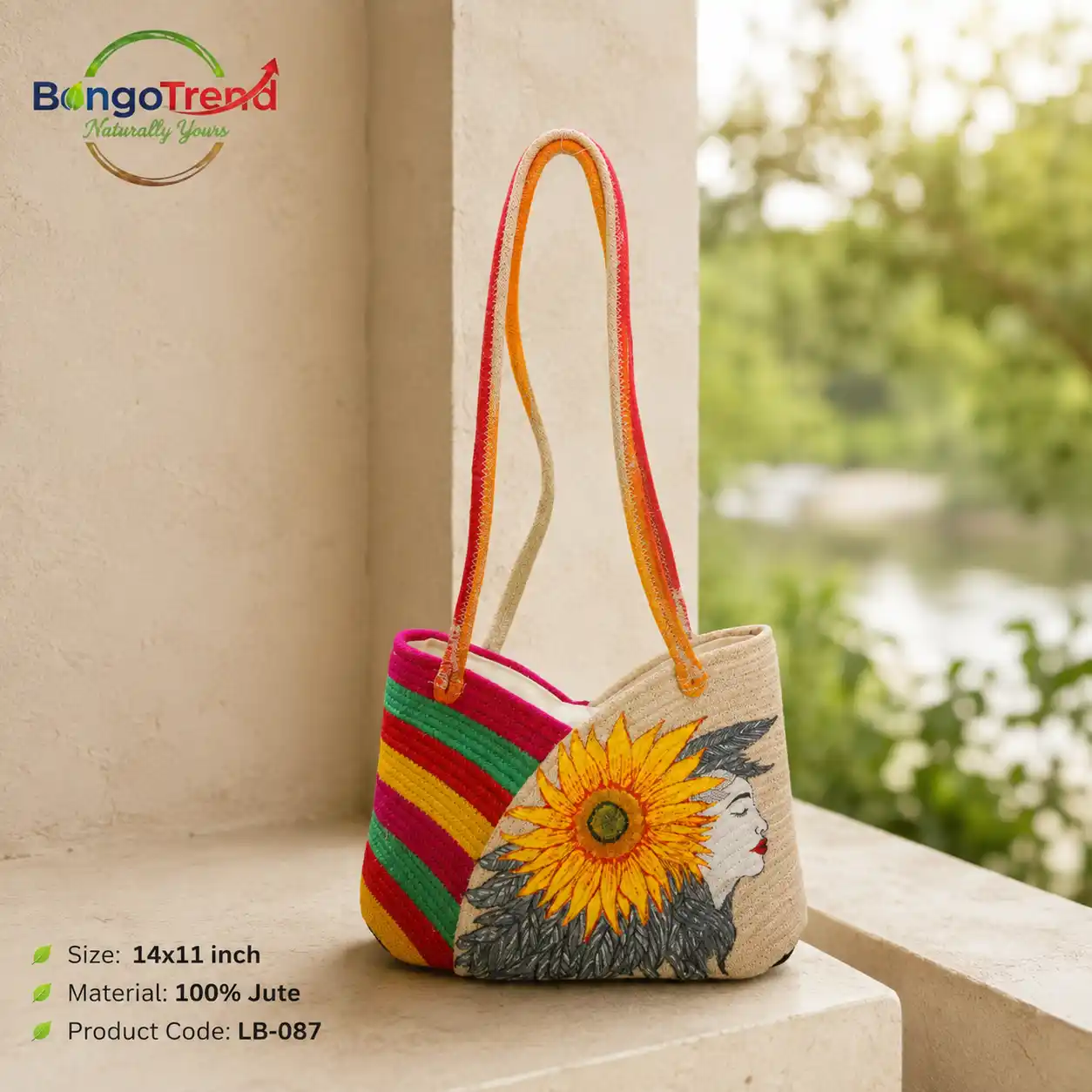 BongoTrend Sunflower Woman Hand-Painted Jute Bag For Women