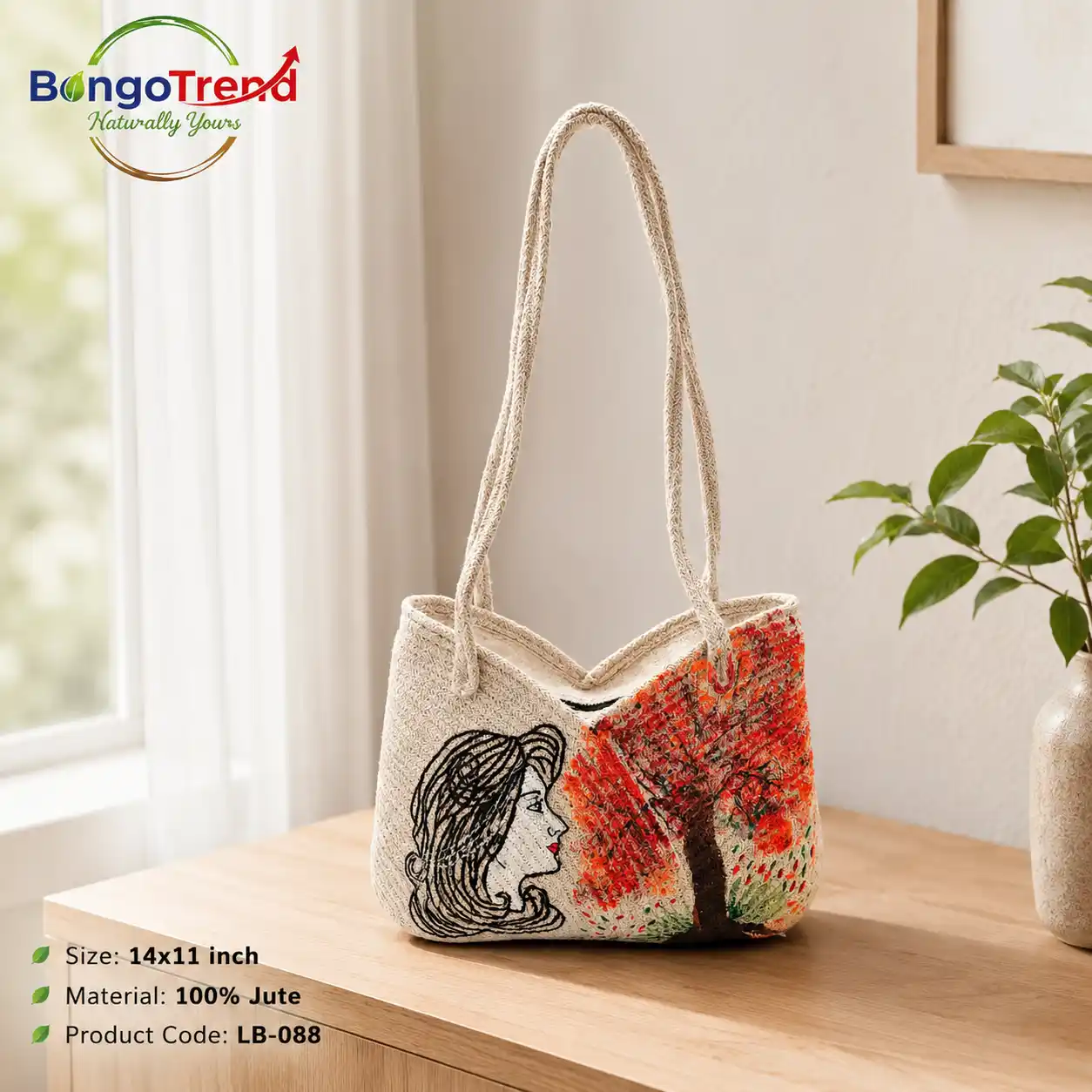 BongoTrend Woman & Autumn Tree Hand-Painted Jute Bag For Women