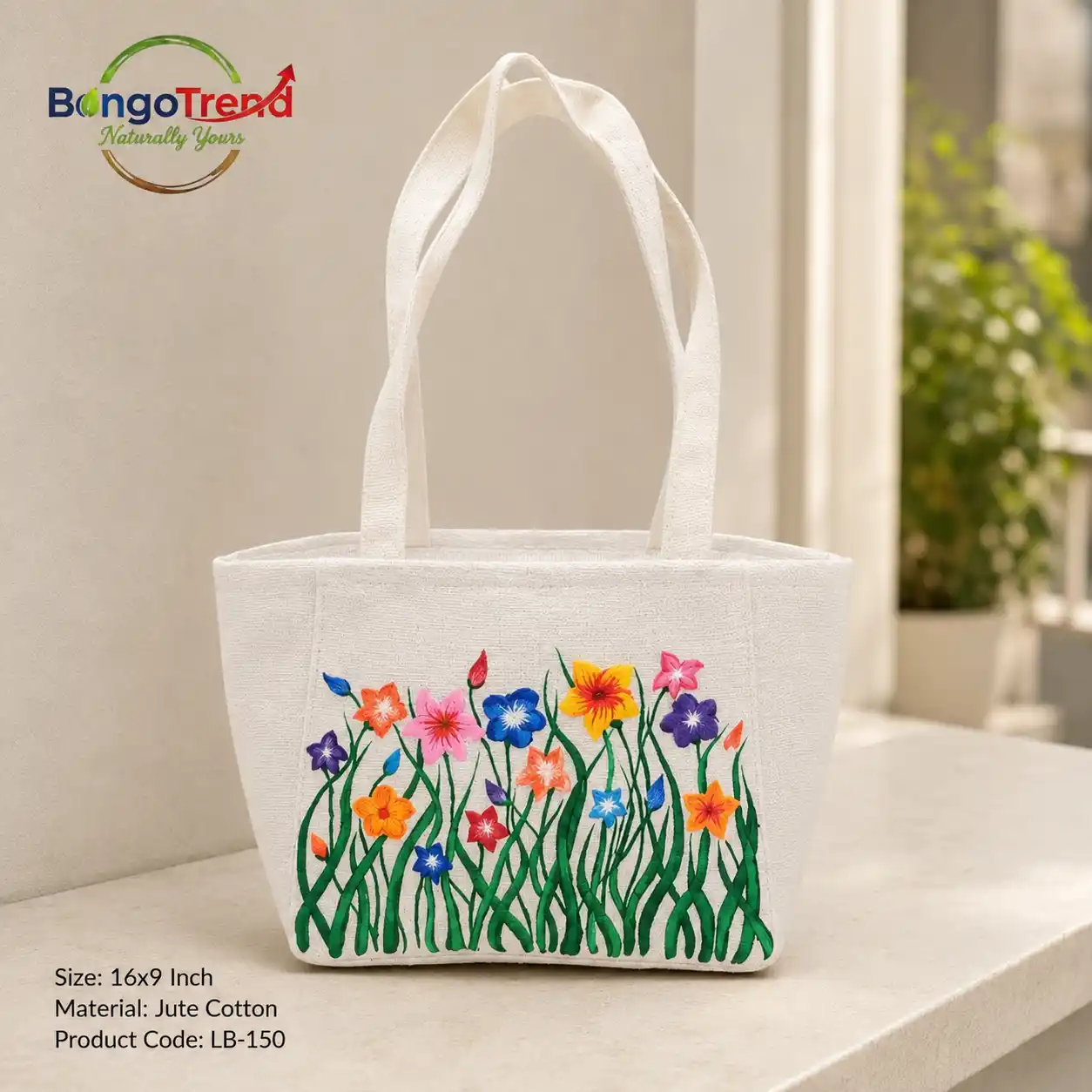 Hand-Painted Jute Cotton Tote Bag for Women – Wildflower Meadow Design